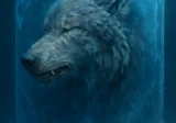 Illustration of a dire wolf partially trapped in a block of ice, roaring as it emerges from frozen captivity.