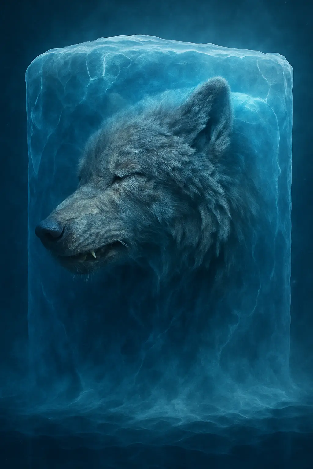 Illustration of a dire wolf partially trapped in a block of ice, roaring as it emerges from frozen captivity.