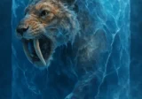 Illustration of a saber-toothed tiger partially trapped in a block of ice, roaring as it emerges from frozen captivity.