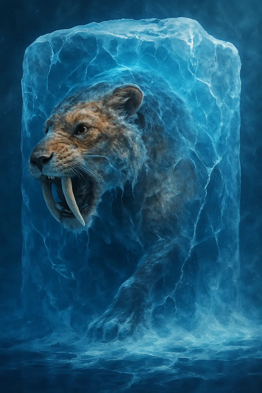 Illustration of a saber-toothed tiger partially trapped in a block of ice, roaring as it emerges from frozen captivity.
