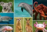 Collage of wild animals including koala, dolphin, octopus, shark, meerkat, kangaroo, and axolotl used for a blog about unbelievable animal facts
