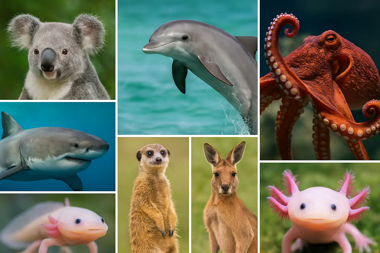 Collage of wild animals including koala, dolphin, octopus, shark, meerkat, kangaroo, and axolotl used for a blog about unbelievable animal facts