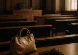 Courtroom bench with a leather handbag and a Beretta pistol resting on it, symbolizing a moment before a critical act.