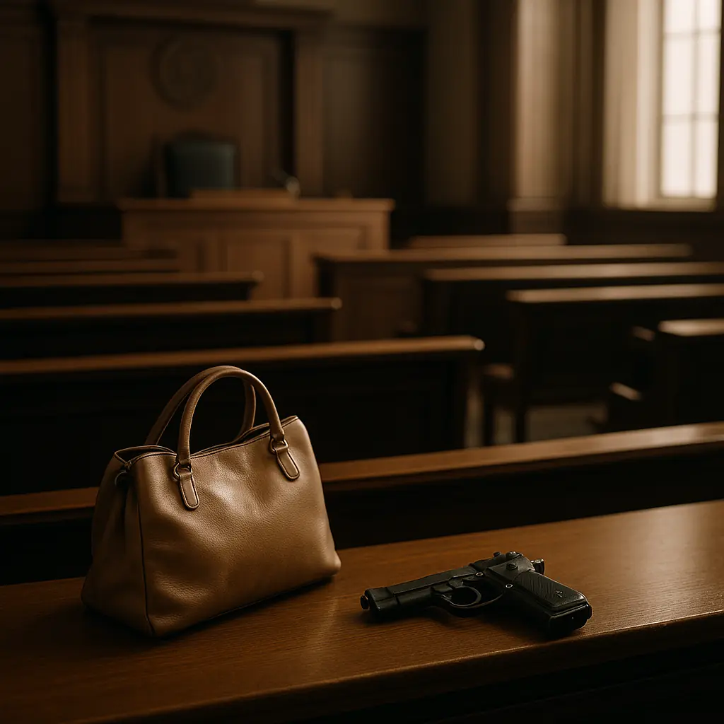 Courtroom bench with a leather handbag and a Beretta pistol resting on it, symbolizing a moment before a critical act.