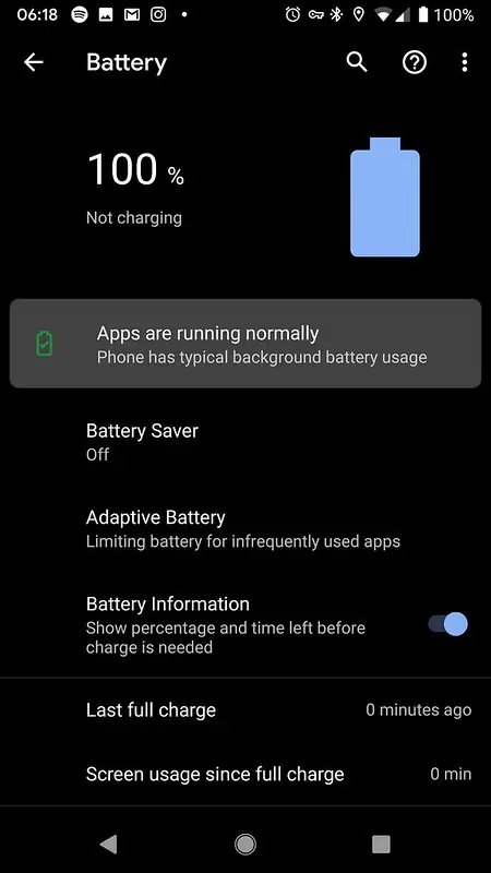 Android battery settings screen showing 100% charge, Battery Saver off, and Adaptive Battery enabled