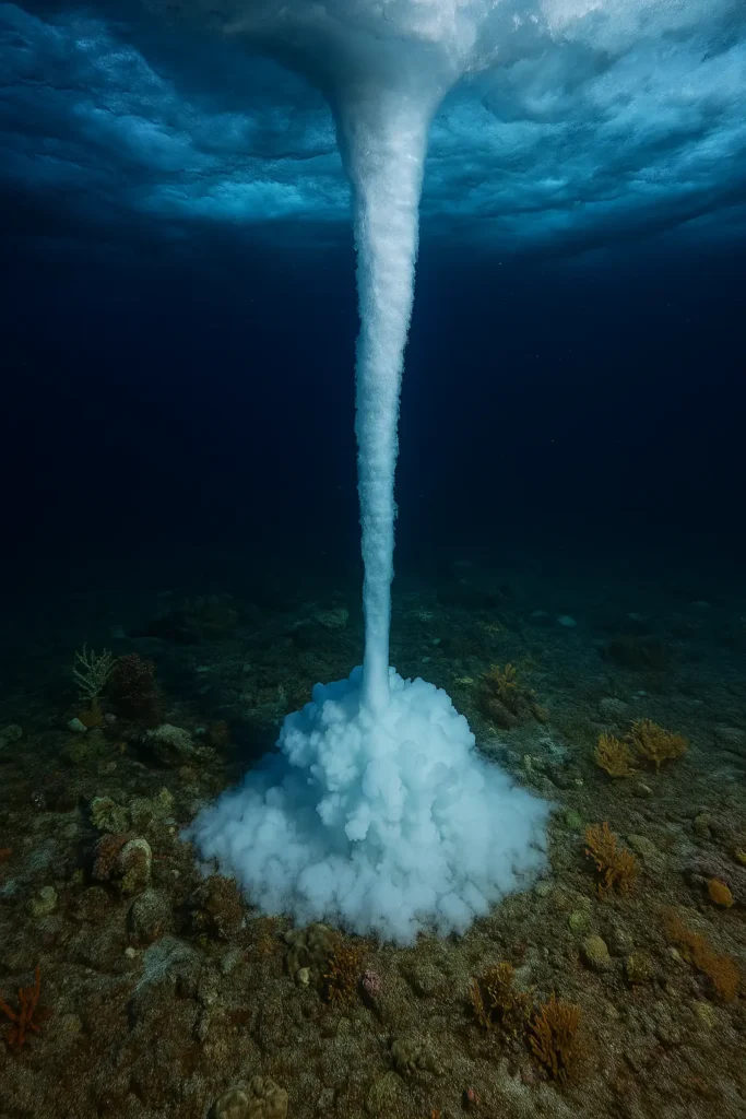 Underwater brinicle forming from sea ice and extending toward the ocean floor, surrounded by corals and marine life