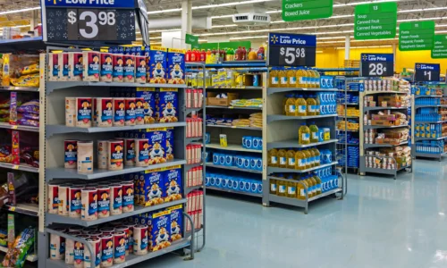 Endcap displays with breakfast cereals and cooking oil at a Walmart store in Wallkill, NY