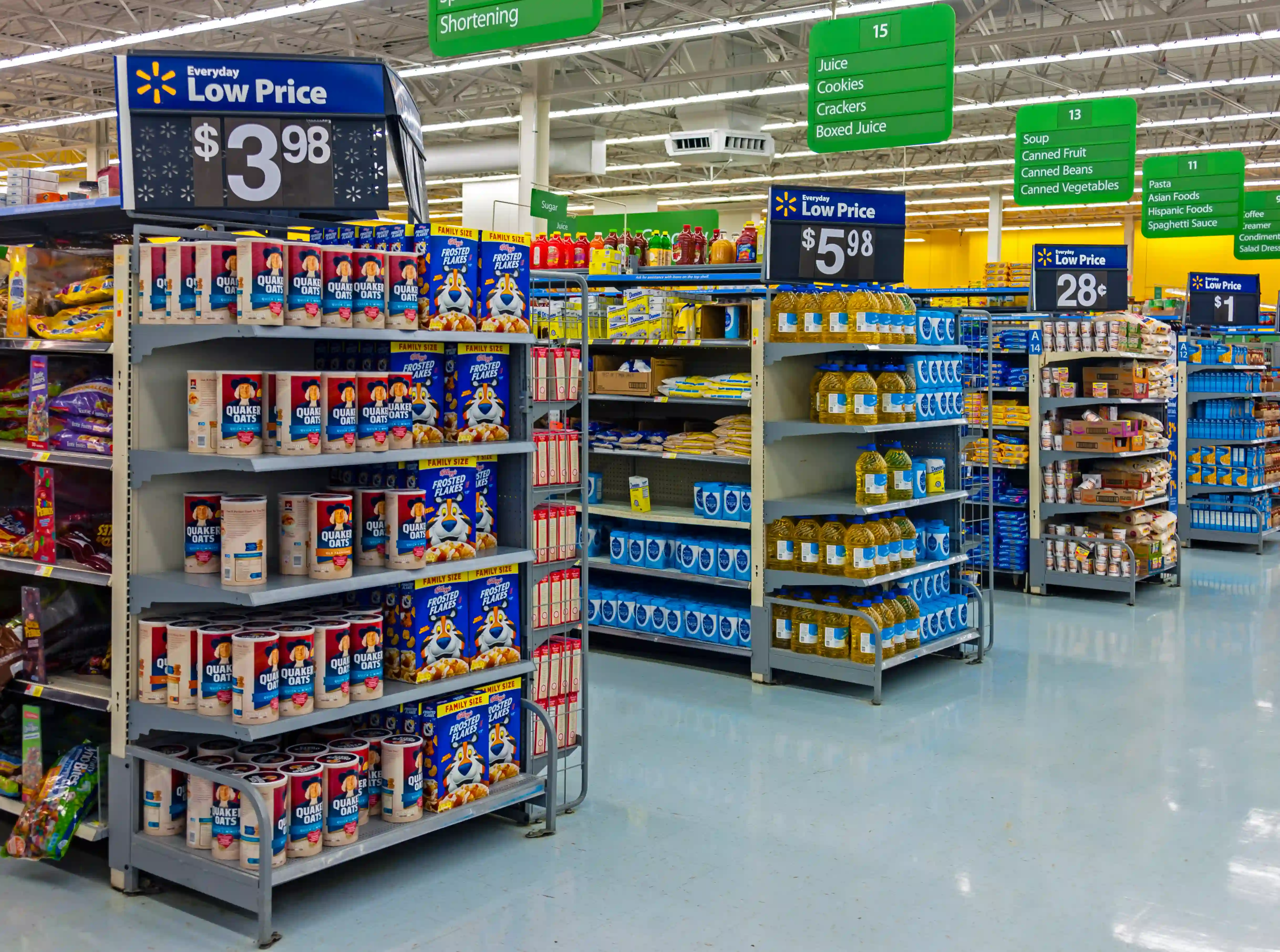 Endcap displays with breakfast cereals and cooking oil at a Walmart store in Wallkill, NY