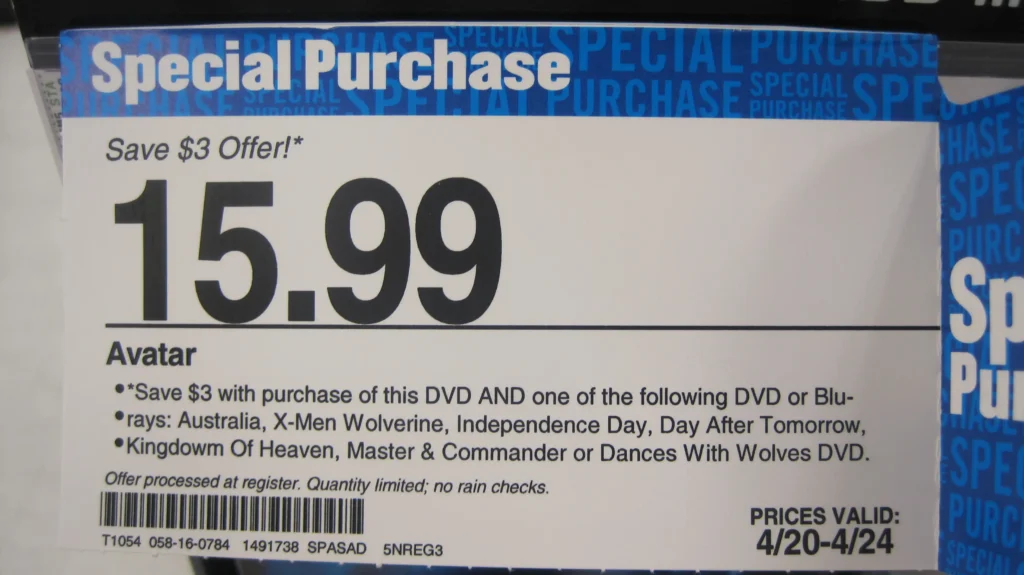 Special purchase offer sign for Avatar DVD at Target showing $15.99 and a $3 savings promotion