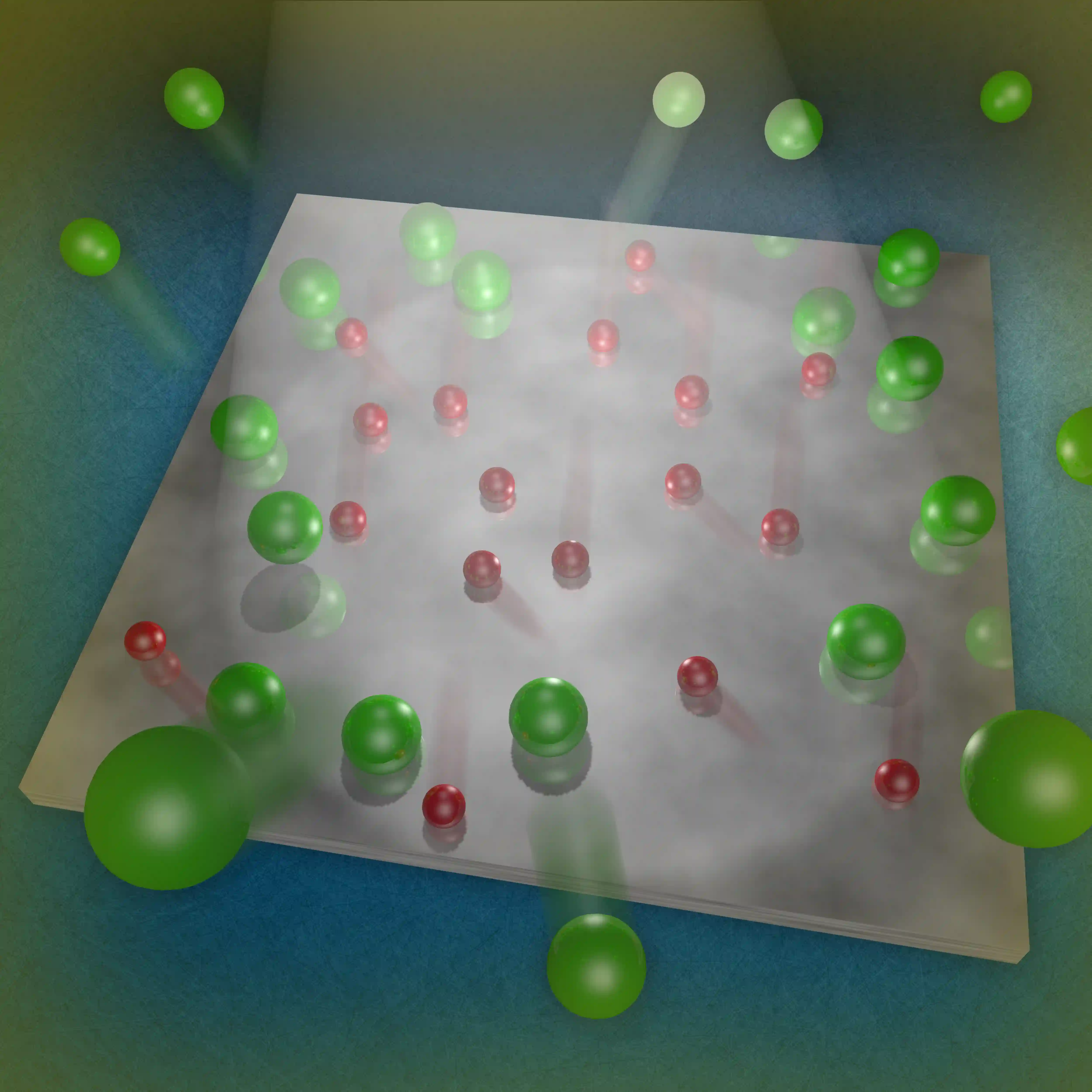 Energy transfer in material between atoms on a titanium dioxide catalyst surface visualized by red and green spheres