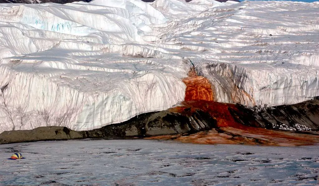 Blood Falls flowing from Taylor Glacier in Antarctica into Lake Bonney