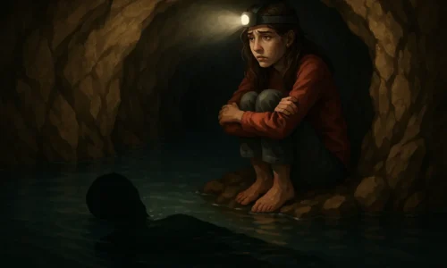 Cave stories a girl sits alone in a dark flooded cave, watching a body float in the water.