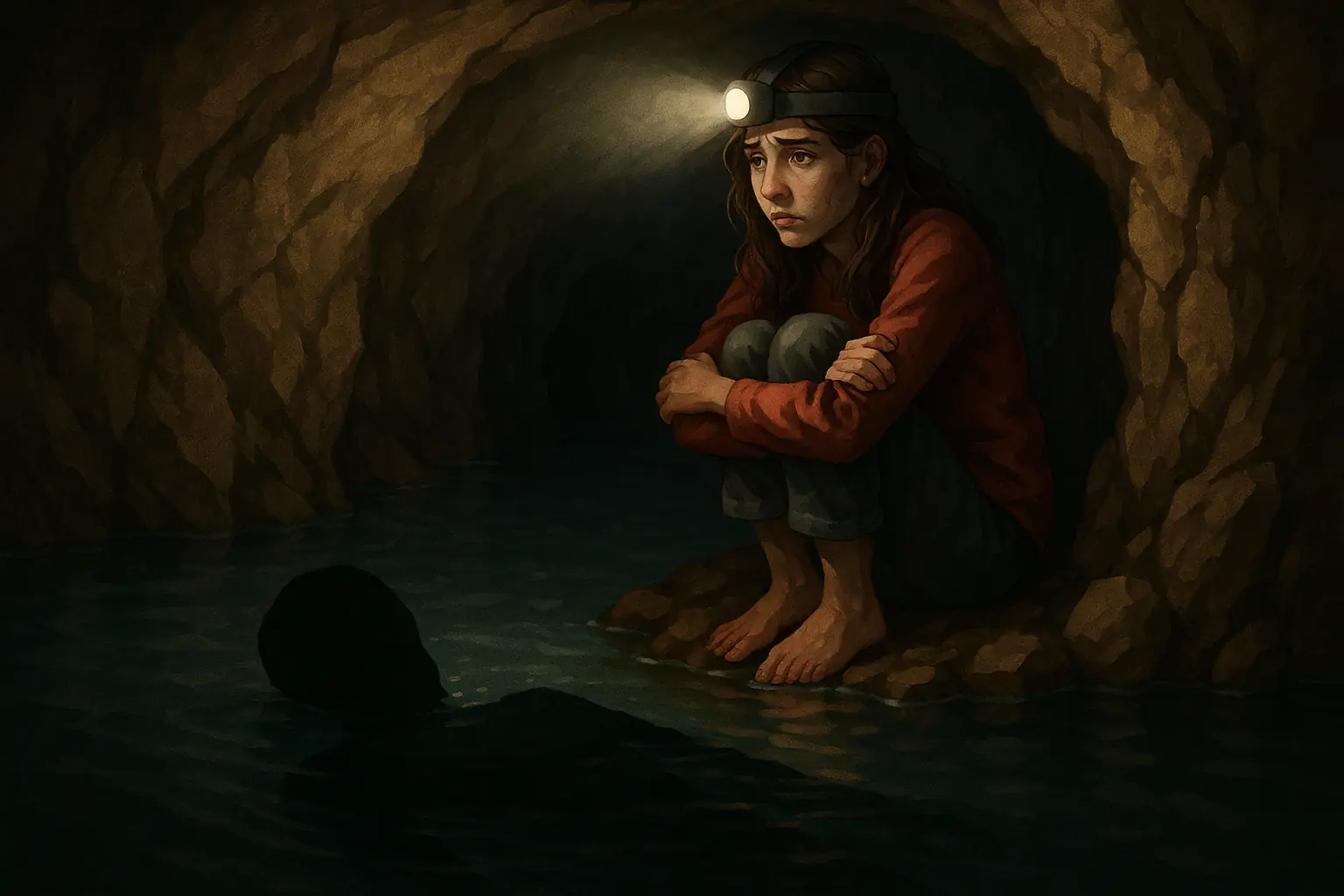 Cave stories a girl sits alone in a dark flooded cave, watching a body float in the water.