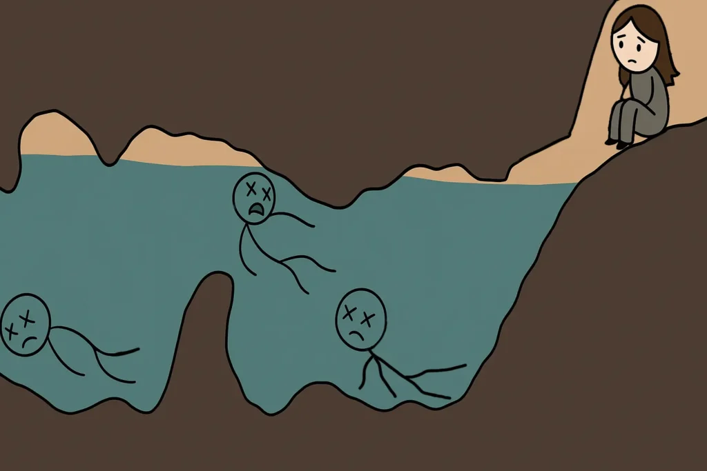 Illustration of a sad girl sitting on a ledge above water inside a cave, looking at the bodies of drowned people in submerged sections.