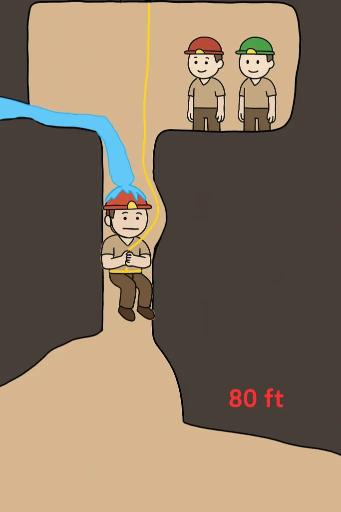Illustration of a caver stuck 80 feet below surface in a vertical shaft with water pouring onto his head, while rescuers watch from above.