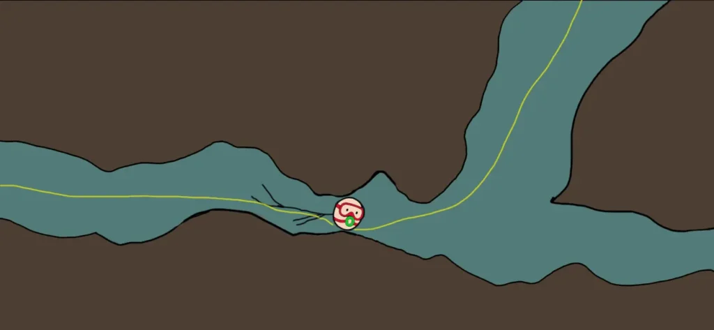 Illustration of a diver drowning in a narrow underwater cave passage, shown stuck while following a guide line.