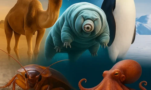 AI generated illustration of Animals That Can Survive Extreme Conditions including cockroach, camel, tardigrade, octopus and emperor penguin.