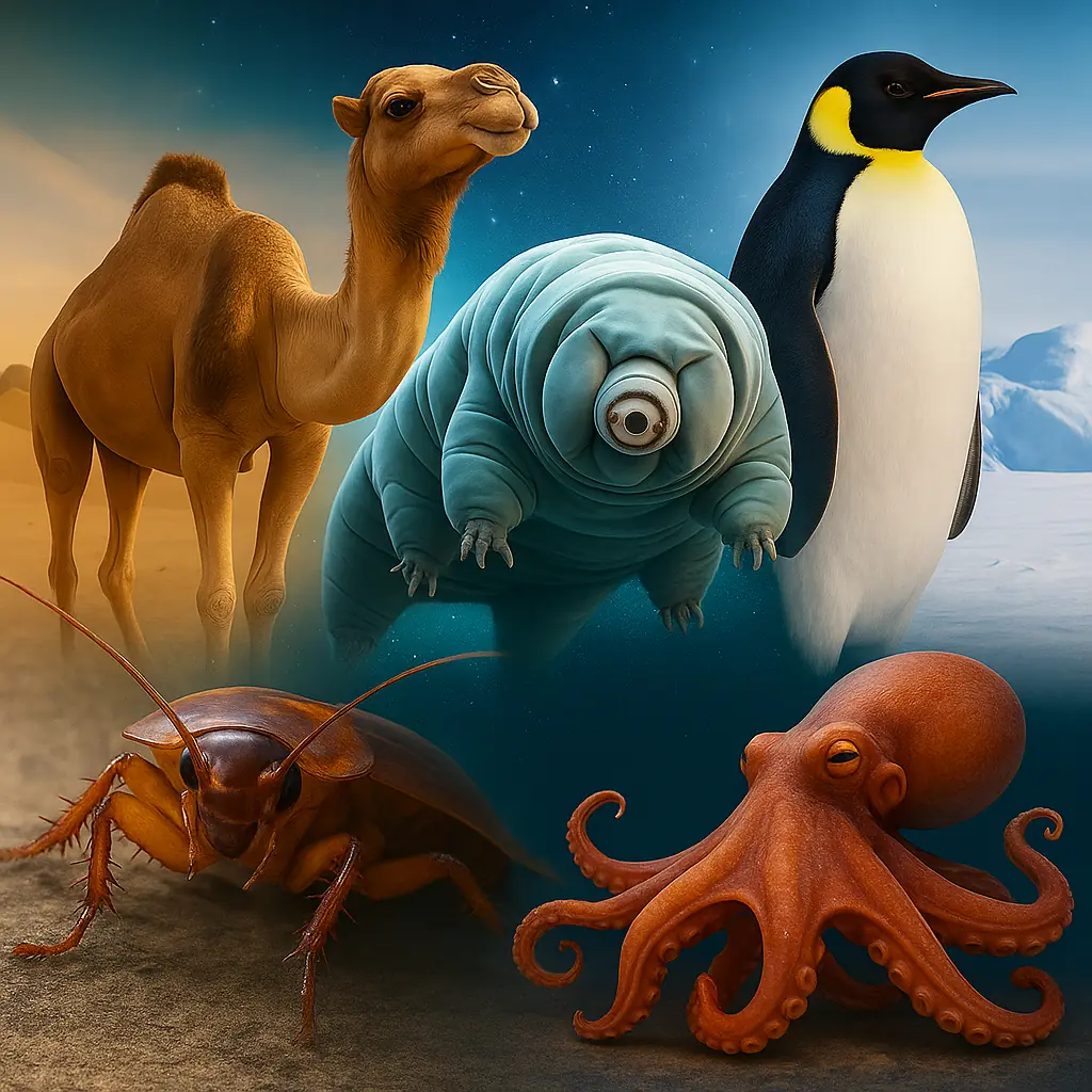 AI generated illustration of Animals That Can Survive Extreme Conditions including cockroach, camel, tardigrade, octopus and emperor penguin.