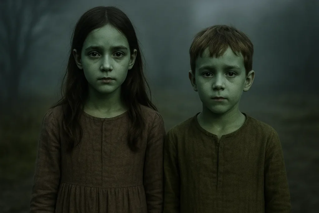 Two mysterious green children of Woolpit standing in a foggy Suffolk landscape.