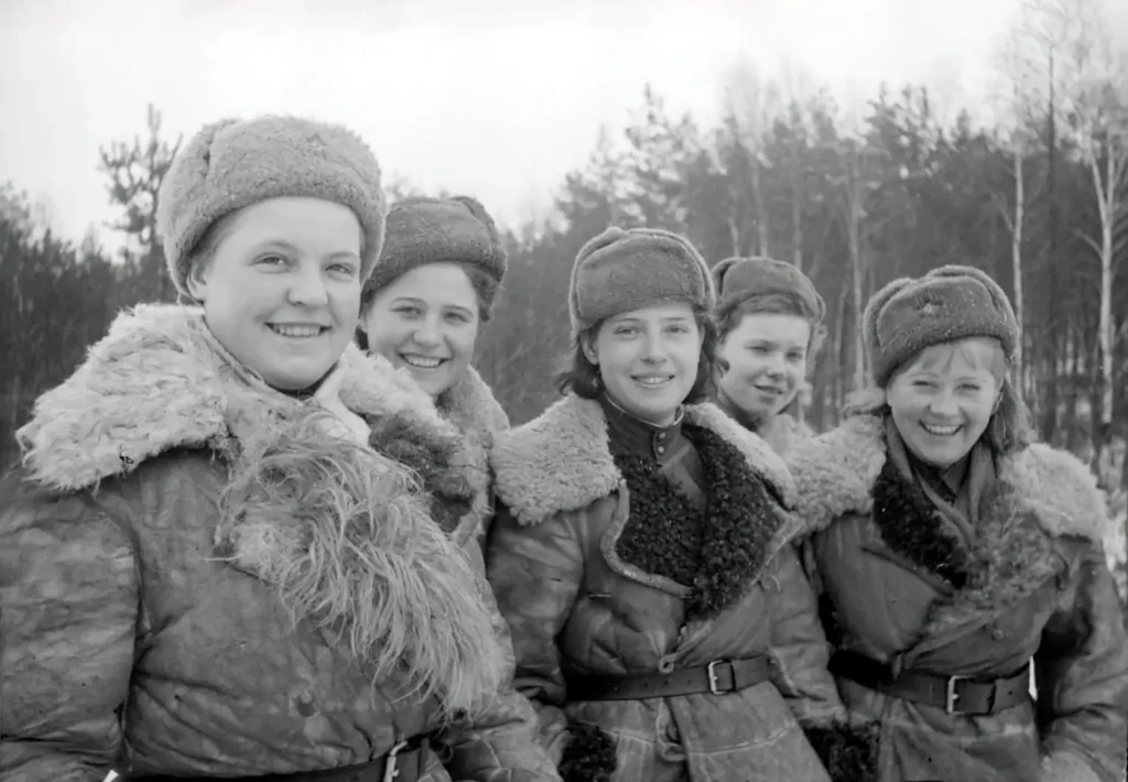 Soviet female snipers group smiling winter uniforms 2nd Baltic Front World War II women snipers USSR