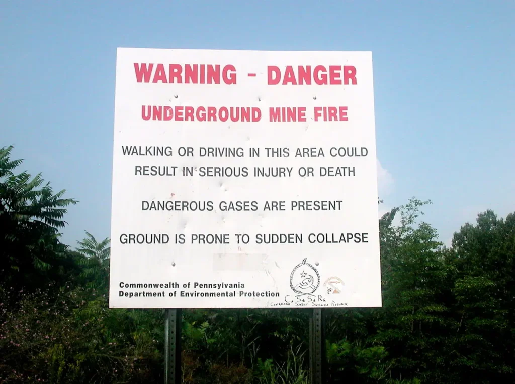 Warning sign in Centralia, Pennsylvania, about the underground coal mine fire