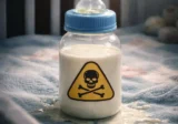 Baby bottle with milk and poison warning symbol placed in a crib, representing the Patricia Stallings case