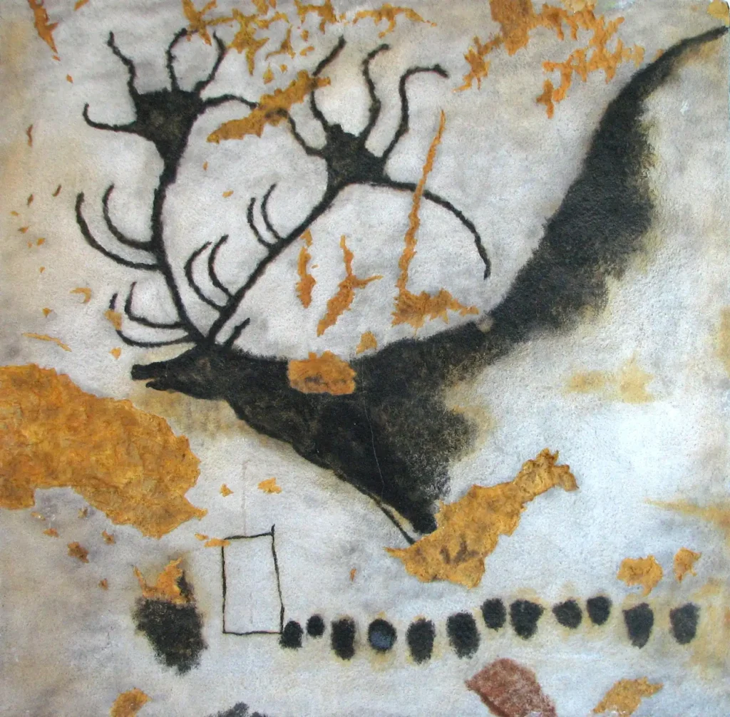 Lascaux Cave showing prehistoric giant deer painting on cave wall