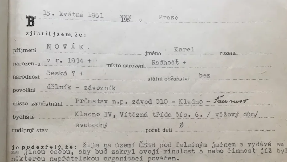 Archival document of Karel Novák with personal details recorded by Czechoslovak authorities in 1961
